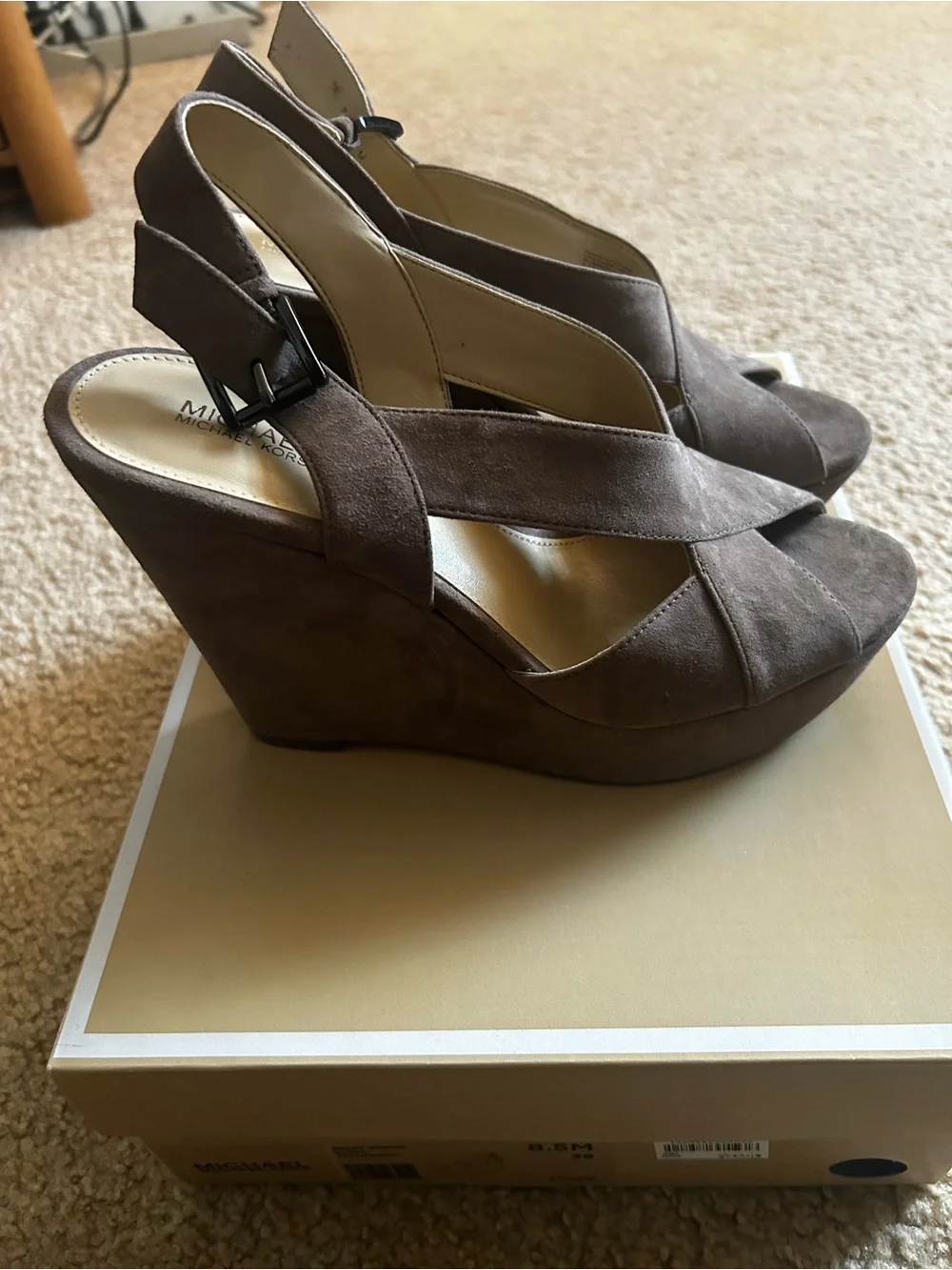 Michael Kors Taupe Suede Crisscross Slingback Wedge Sandals